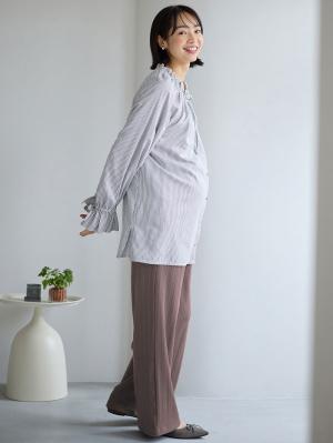 マタニティ パンツ|【2デザインから選べる】【ストレート・ワイド】らくちん綿混ストレッチリブパンツ マタニティ・産後【出産後も長く使える】|チャコール(ワイド)