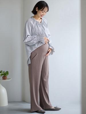 マタニティ パンツ|【2デザインから選べる】【ストレート・ワイド】らくちん綿混ストレッチリブパンツ マタニティ・産後【出産後も長く使える】|チャコール(ワイド)