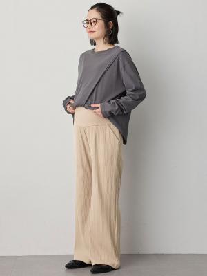 マタニティ パンツ|【2デザインから選べる】【ストレート・ワイド】らくちん綿混ストレッチリブパンツ マタニティ・産後【出産後も長く使える】|ベージュ(ワイド)