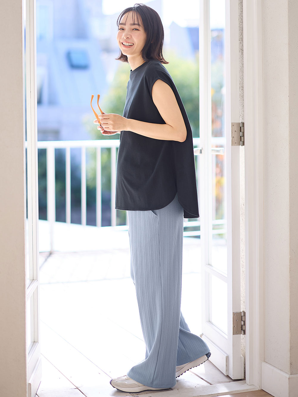 マタニティ パンツ|【2デザインから選べる】【ストレート・ワイド】らくちん綿混ストレッチリブパンツ　マタニティ・産後【出産後も長く使える】|ブルー（ワイド）