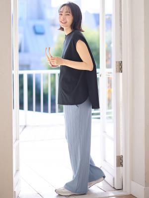 マタニティ パンツ|【2デザインから選べる】【ストレート・ワイド】らくちん綿混ストレッチリブパンツ　マタニティ・産後【出産後も長く使える】|ブルー（ワイド）