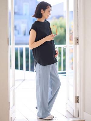 マタニティ パンツ|【2デザインから選べる】【ストレート・ワイド】らくちん綿混ストレッチリブパンツ　マタニティ・産後【出産後も長く使える】|ブルー（ワイド）