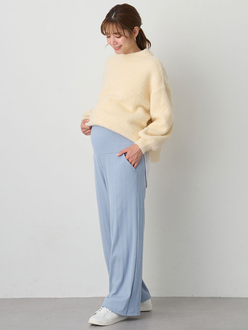 マタニティ パンツ|【2デザインから選べる】【ストレート・ワイド】らくちん綿混ストレッチリブパンツ マタニティ・産後【出産後も長く使える】|ブルー(ワイド)