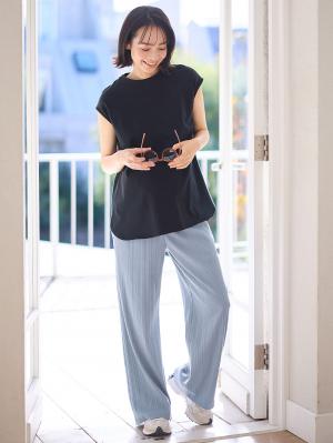 マタニティ パンツ|【2デザインから選べる】【ストレート・ワイド】らくちん綿混ストレッチリブパンツ マタニティ・産後【出産後も長く使える】|ブルー(ワイド)