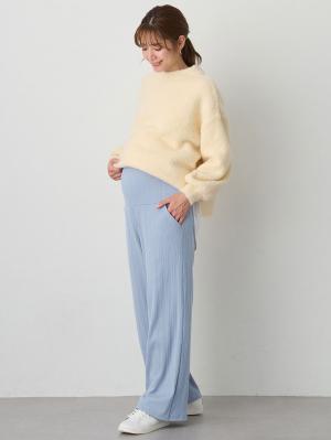 マタニティ パンツ|【2デザインから選べる】【ストレート・ワイド】らくちん綿混ストレッチリブパンツ マタニティ・産後【出産後も長く使える】|ブルー(ワイド)