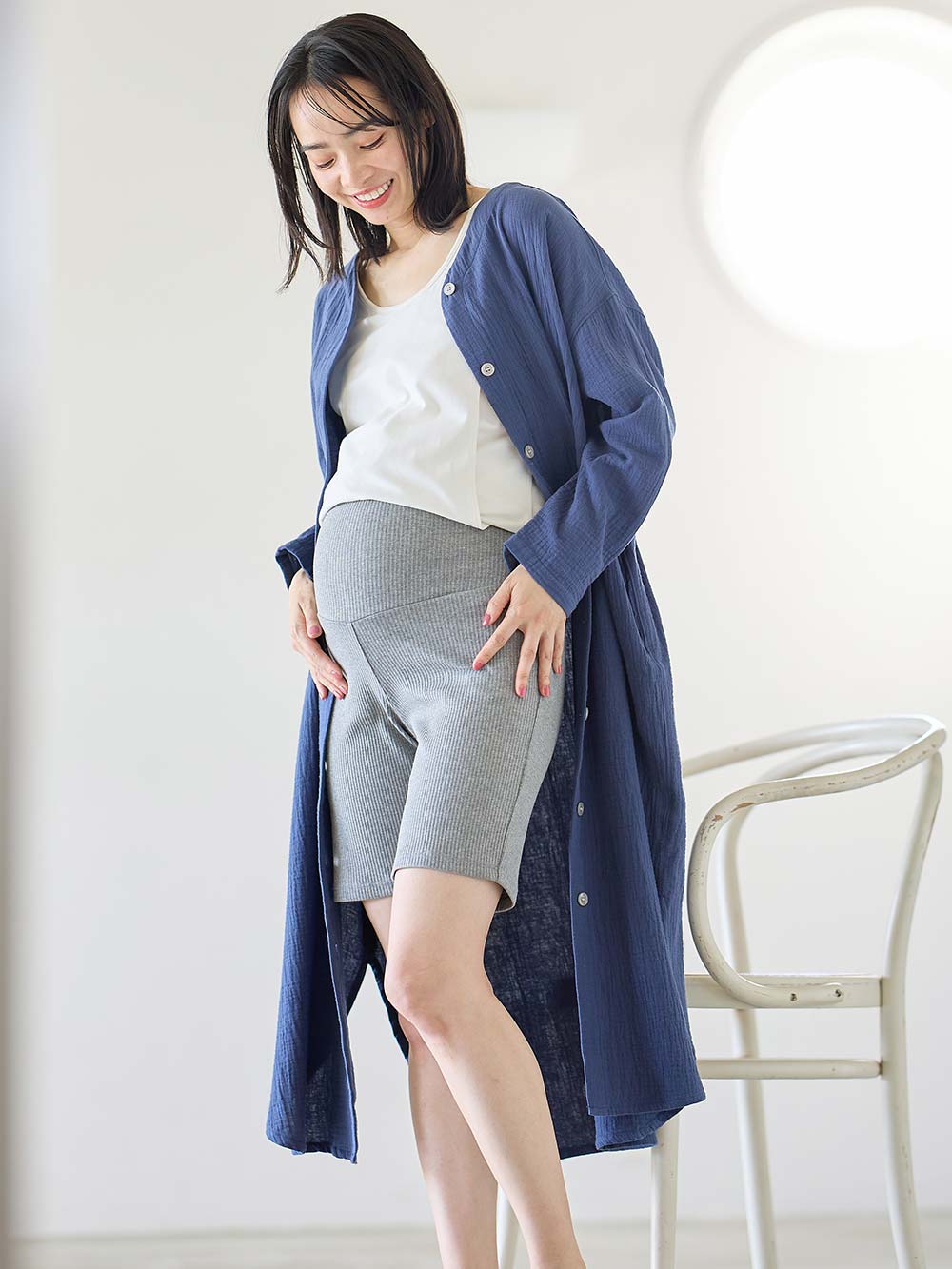 マタニティ パンツ|【選べる2丈】締め付けない綿混リブストレートレギンス【産後まで長く使える】|杢グレー(ハーフ丈)