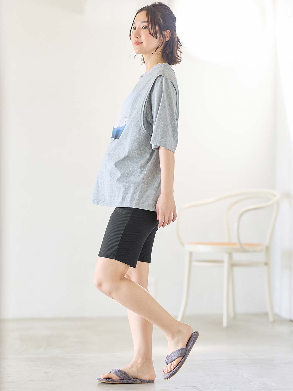 マタニティ パンツ|【選べる2丈】締め付けない綿混リブストレートレギンス【産後まで長く使える】|ブラック(ハーフ丈)