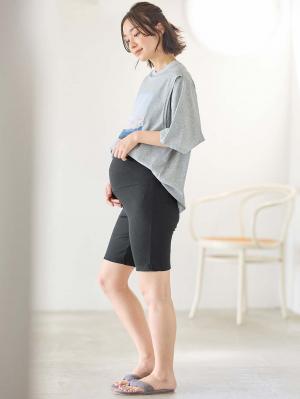 マタニティ パンツ|【選べる2丈】締め付けない綿混リブストレートレギンス【産後まで長く使える】|ブラック(ハーフ丈)