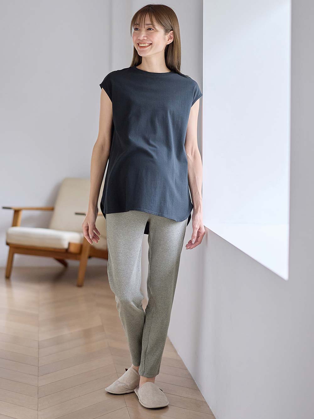 マタニティ パンツ|【選べる2丈】締め付けない綿混リブストレートレギンス【産後まで長く使える】|杢グレー