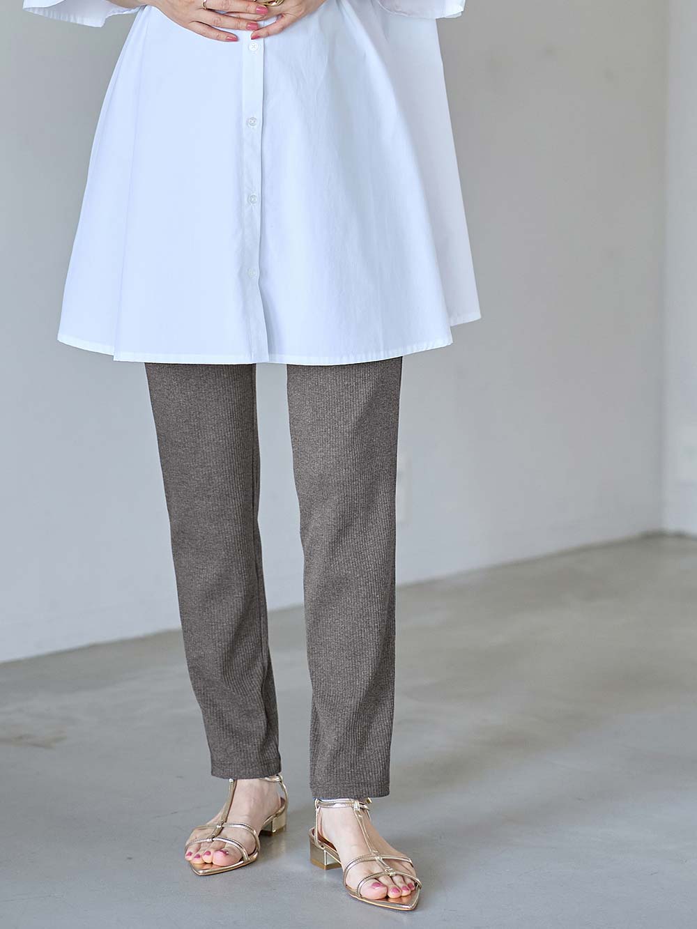 マタニティ パンツ|【選べる2丈】締め付けない綿混リブストレートレギンス【産後まで長く使える】|杢チャコール