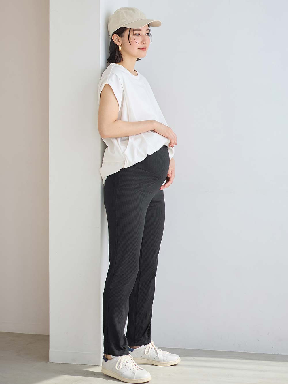 マタニティ パンツ|【選べる2丈】締め付けない綿混リブストレートレギンス【産後まで長く使える】|ブラック