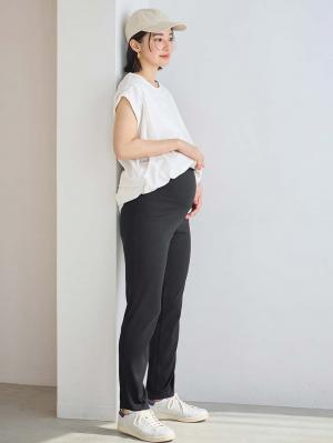 マタニティ パンツ|【選べる2丈】締め付けない綿混リブストレートレギンス【産後まで長く使える】|ブラック