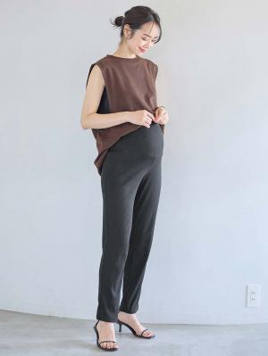 マタニティ パンツ|【選べる2丈】締め付けない綿混リブストレートレギンス【産後まで長く使える】|ブラック