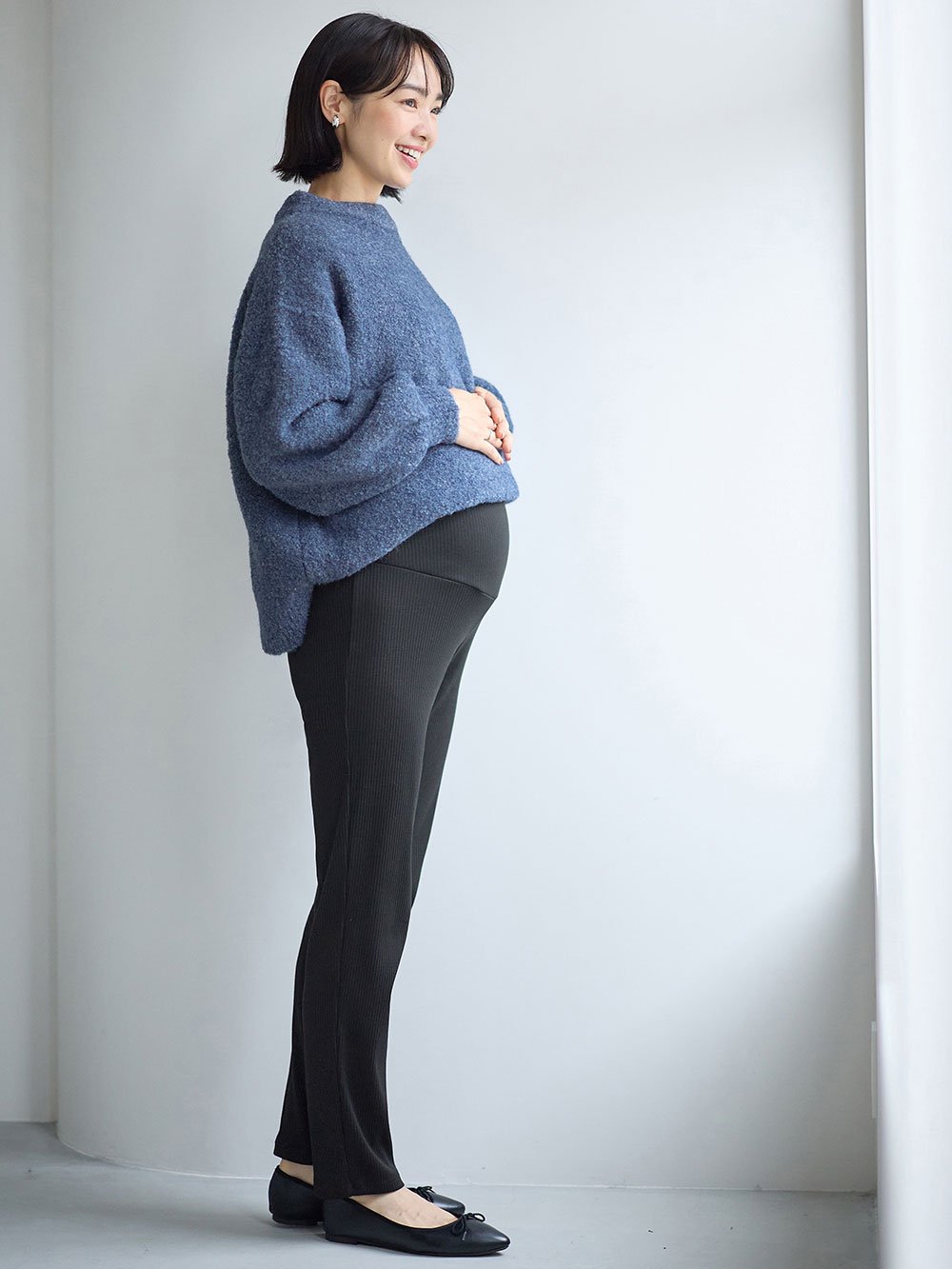 マタニティ パンツ|【選べる2丈】締め付けない綿混リブストレートレギンス【産後まで長く使える】|ブラック