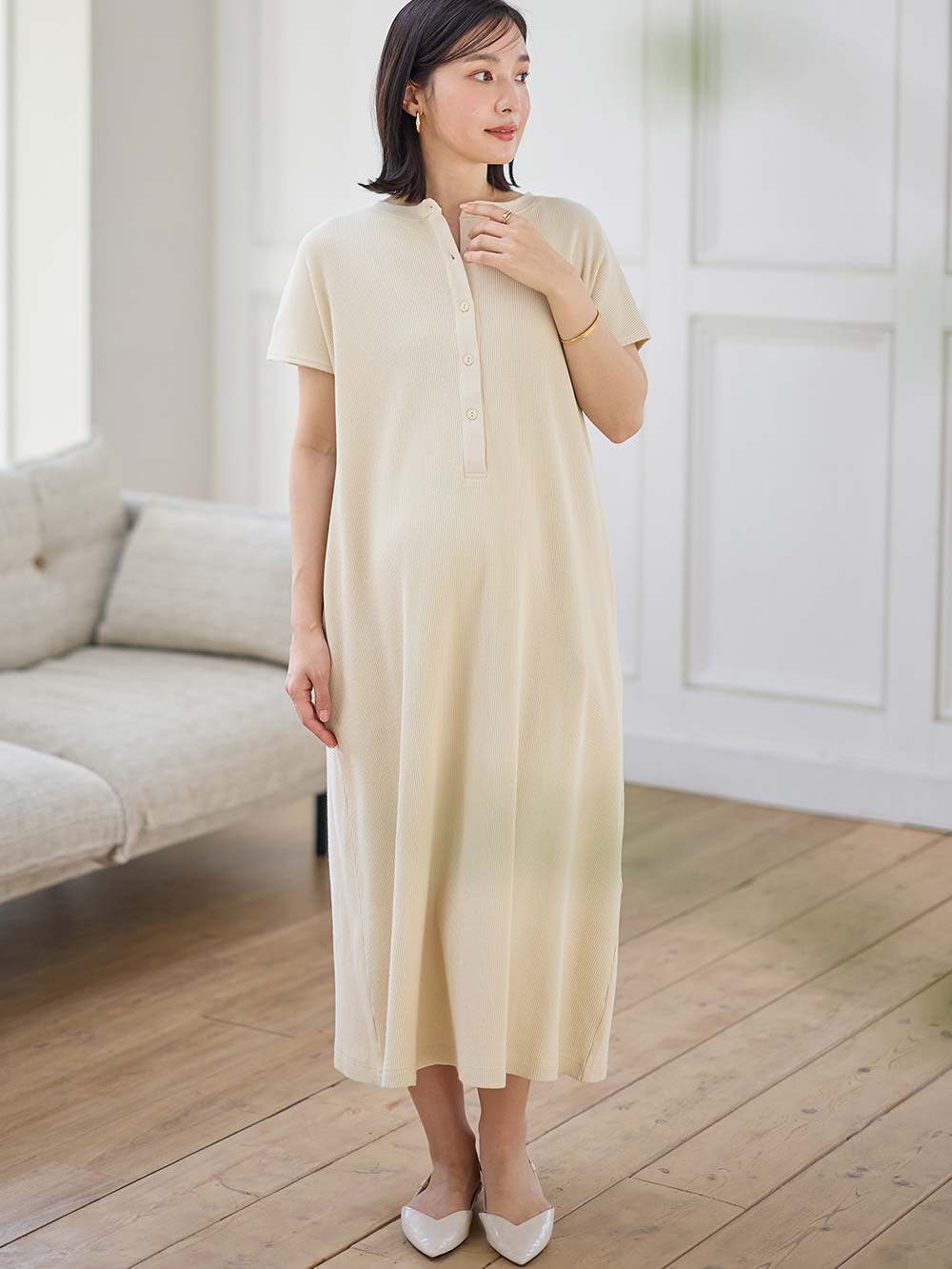 マタニティ ワンピース|【親子コーデ】ママ&ベビー退院着3点セット 出産準備 ギフト マタニティ・産後【出産後も長く使える】|アイボリー