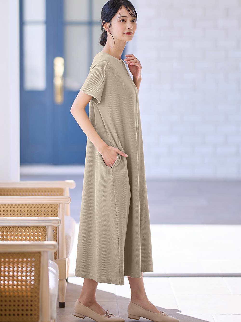 マタニティ ワンピース|【親子コーデ】ママ&ベビー退院着3点セット 出産準備 ギフト マタニティ・産後【出産後も長く使える】|ベージュ