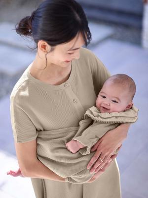 マタニティ ワンピース|【親子コーデ】ママ&ベビー退院着3点セット 出産準備 ギフト マタニティ・産後【出産後も長く使える】|ベージュ