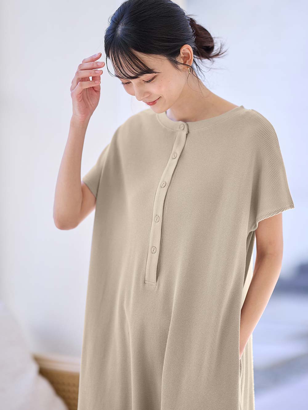 マタニティ ワンピース|【親子コーデ】ママ&ベビー退院着3点セット 出産準備 ギフト マタニティ・産後【出産後も長く使える】|ベージュ