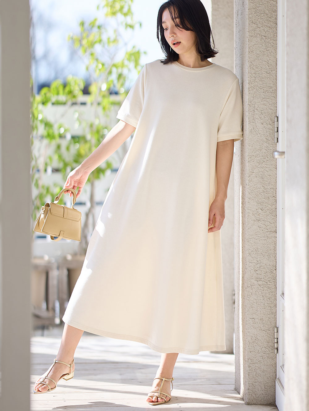マタニティ ワンピース|【UV加工】綿混やわらかスウェット半袖フレアワンピース【出産後も長く使える】|アイスベージュ