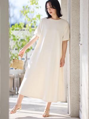 マタニティ ワンピース|【UV加工】綿混やわらかスウェット半袖フレアワンピース【出産後も長く使える】|アイスベージュ