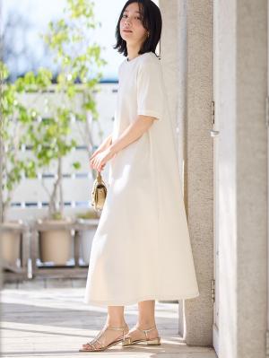 マタニティ ワンピース|【UV加工】綿混やわらかスウェット半袖フレアワンピース【出産後も長く使える】|アイスベージュ