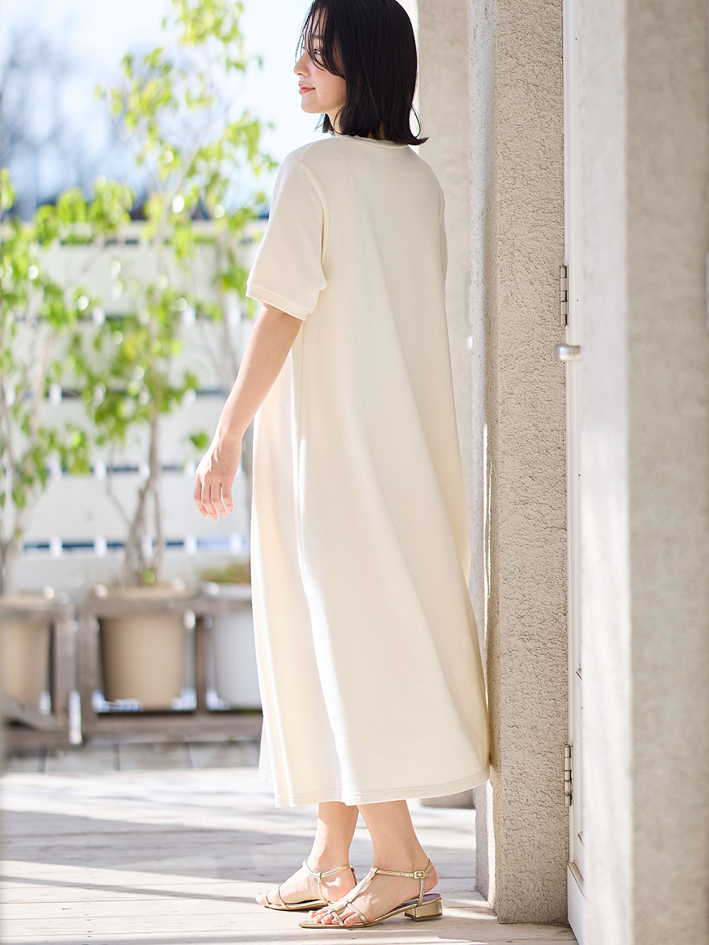 マタニティ ワンピース|【UV加工】綿混やわらかスウェット半袖フレアワンピース【出産後も長く使える】|アイスベージュ