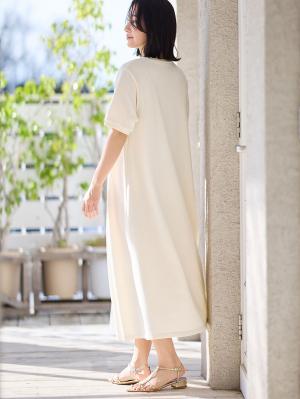 マタニティ ワンピース|【UV加工】綿混やわらかスウェット半袖フレアワンピース【出産後も長く使える】|アイスベージュ