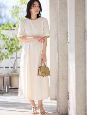 マタニティ ワンピース|【UV加工】綿混やわらかスウェット半袖フレアワンピース【出産後も長く使える】|アイスベージュ