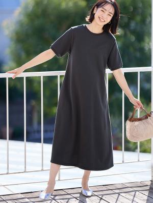 マタニティ ワンピース|【UV加工】綿混やわらかスウェット半袖フレアワンピース【出産後も長く使える】|チャコール
