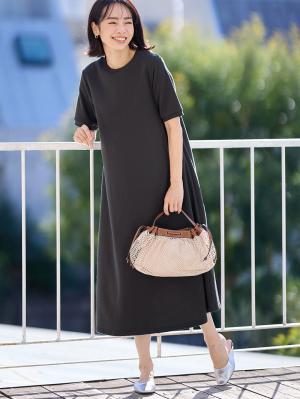 マタニティ ワンピース|【UV加工】綿混やわらかスウェット半袖フレアワンピース【出産後も長く使える】|チャコール