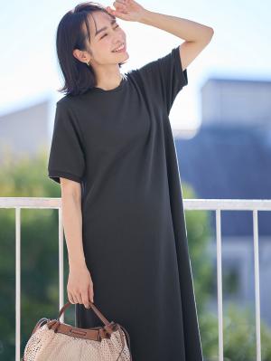 マタニティ ワンピース|【UV加工】綿混やわらかスウェット半袖フレアワンピース【出産後も長く使える】|チャコール
