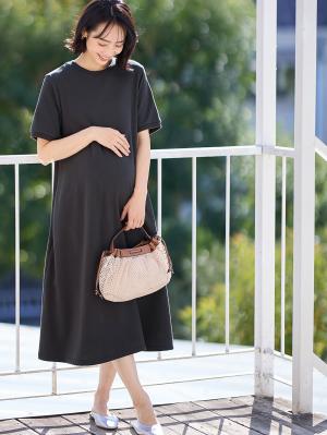 マタニティ ワンピース|【UV加工】綿混やわらかスウェット半袖フレアワンピース【出産後も長く使える】|チャコール