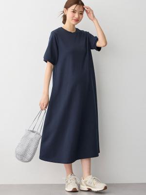 マタニティ ワンピース|【UV加工】綿混やわらかスウェット半袖フレアワンピース【出産後も長く使える】|ネイビー
