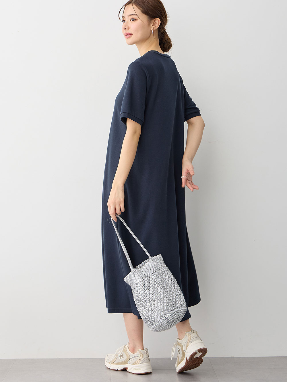 マタニティ ワンピース|【UV加工】綿混やわらかスウェット半袖フレアワンピース【出産後も長く使える】|ネイビー