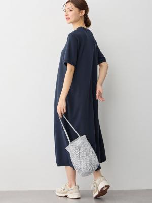マタニティ ワンピース|【UV加工】綿混やわらかスウェット半袖フレアワンピース【出産後も長く使える】|ネイビー