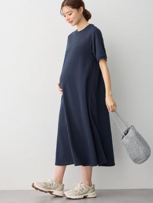 マタニティ ワンピース|【UV加工】綿混やわらかスウェット半袖フレアワンピース【出産後も長く使える】|ネイビー