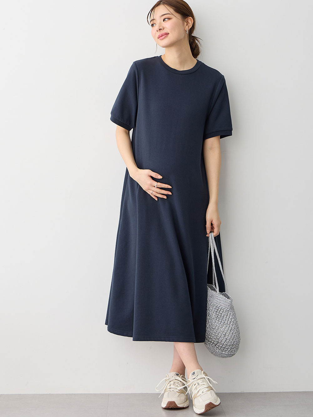 マタニティ ワンピース|【UV加工】綿混やわらかスウェット半袖フレアワンピース【出産後も長く使える】|ネイビー