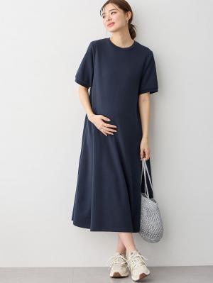 マタニティ ワンピース|【UV加工】綿混やわらかスウェット半袖フレアワンピース【出産後も長く使える】|ネイビー