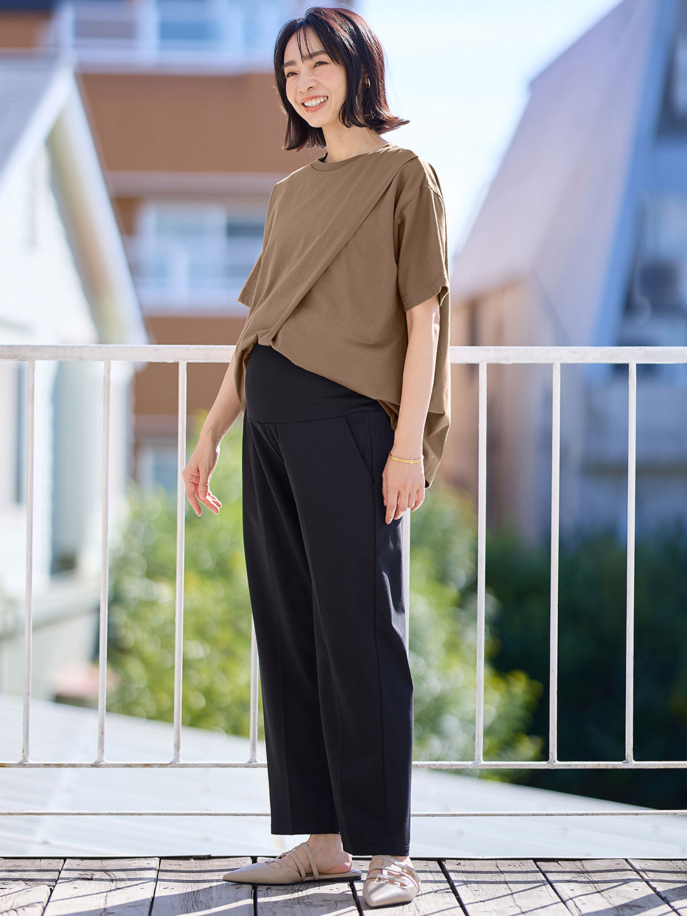 マタニティ パンツ|Rosemadame（ローズマダム）接触冷感カノコストレッチワイドテーパードパンツ　マタニティ・産後【出産後も長く使える】|ブラック