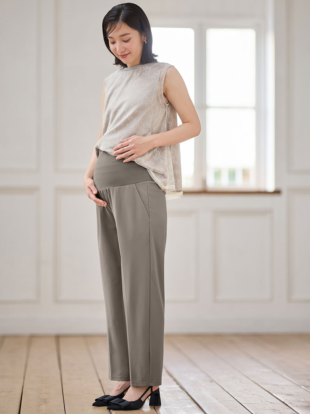 マタニティ パンツ|Rosemadame（ローズマダム）接触冷感カノコストレッチワイドテーパードパンツ　マタニティ・産後【出産後も長く使える】|モカ