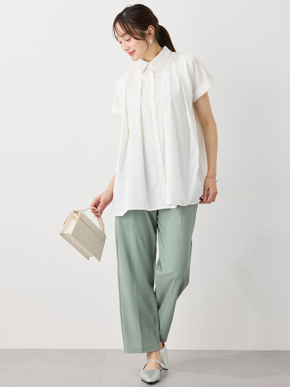 マタニティ パンツ|Rosemadame（ローズマダム）接触冷感カノコストレッチワイドテーパードパンツ　マタニティ・産後【出産後も長く使える】|グリーン