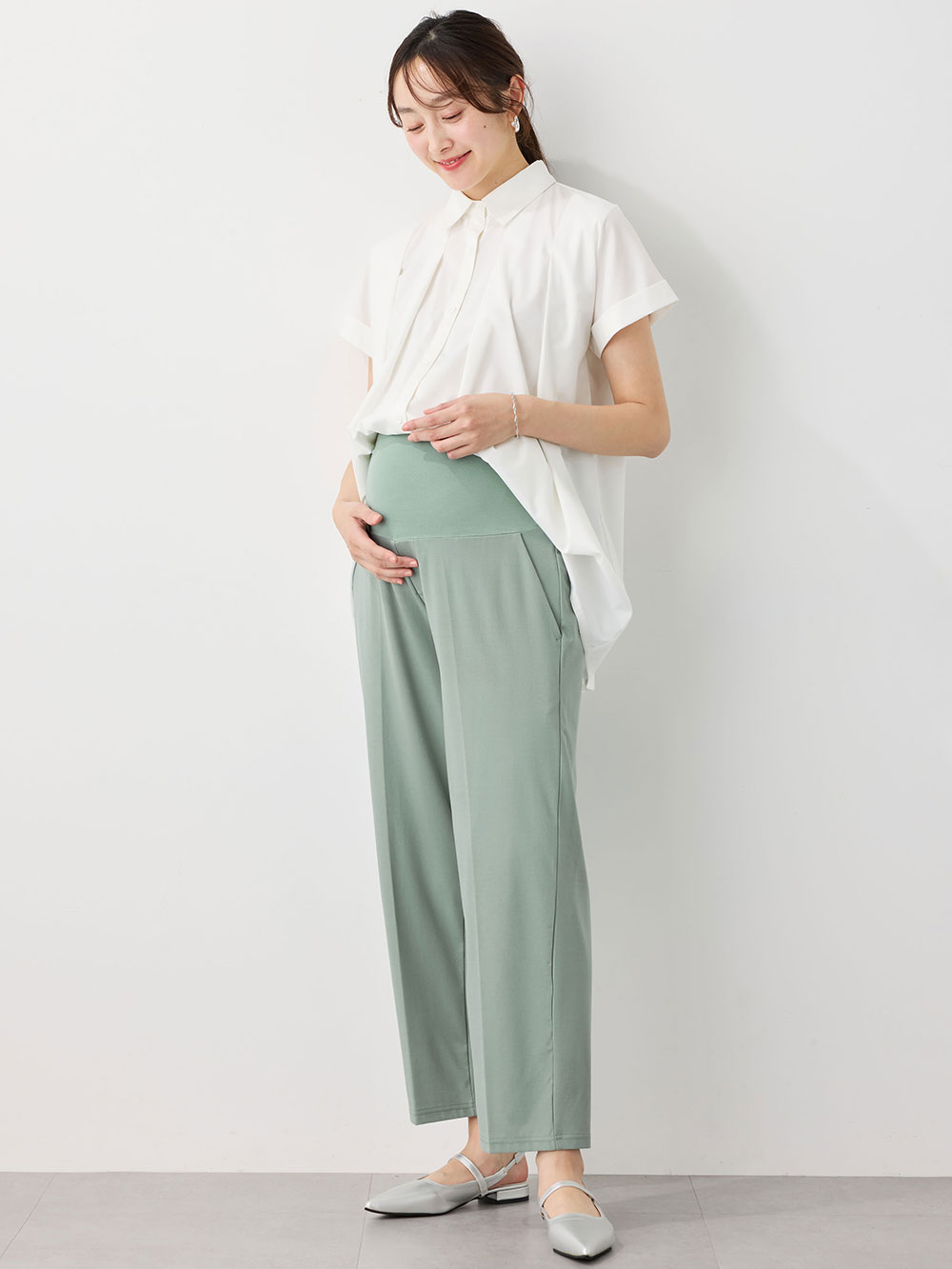 マタニティ パンツ|Rosemadame（ローズマダム）接触冷感カノコストレッチワイドテーパードパンツ　マタニティ・産後【出産後も長く使える】|グリーン