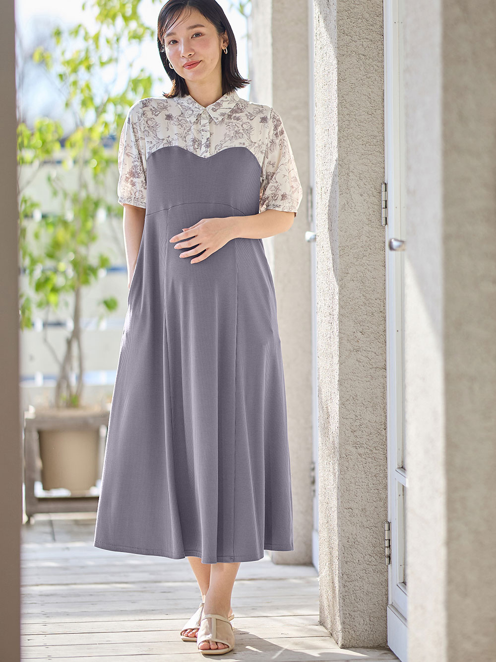 マタニティ ワンピース|ビスチェ風ワンピース マタニティ・産後授乳服【出産後も長く使える】|グレイッシュパープル