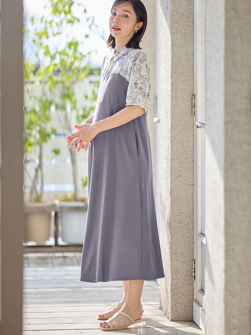 マタニティ ワンピース|ビスチェ風ワンピース マタニティ・産後授乳服【出産後も長く使える】|グレイッシュパープル