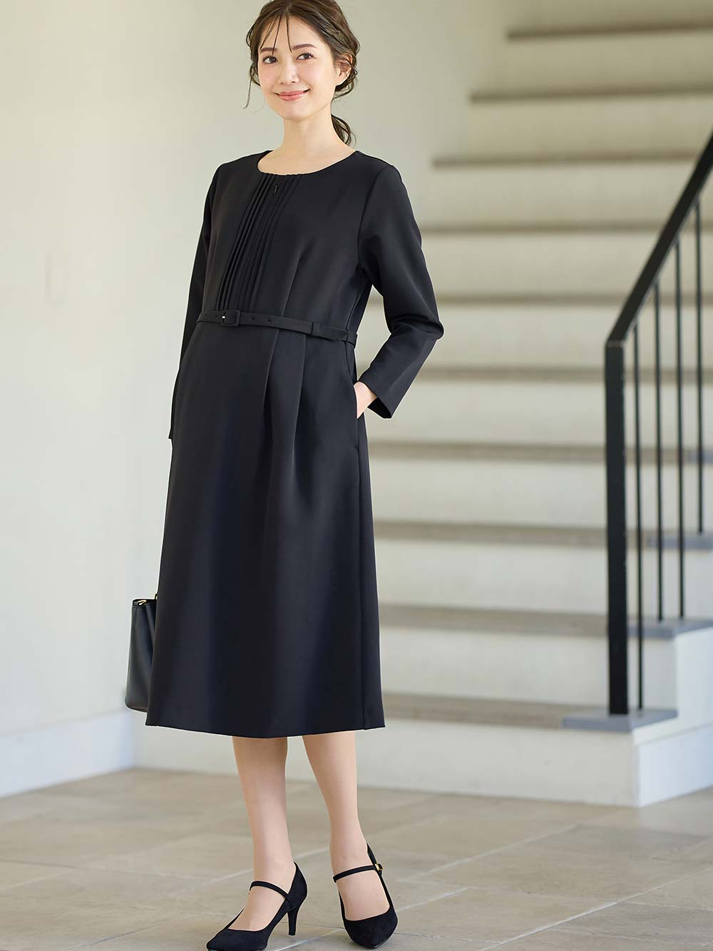 マタニティ ワンピース|ストレッチサイドタックフレアワンピース　マタニティ・授乳服【出産後も長く使える】|ブラック