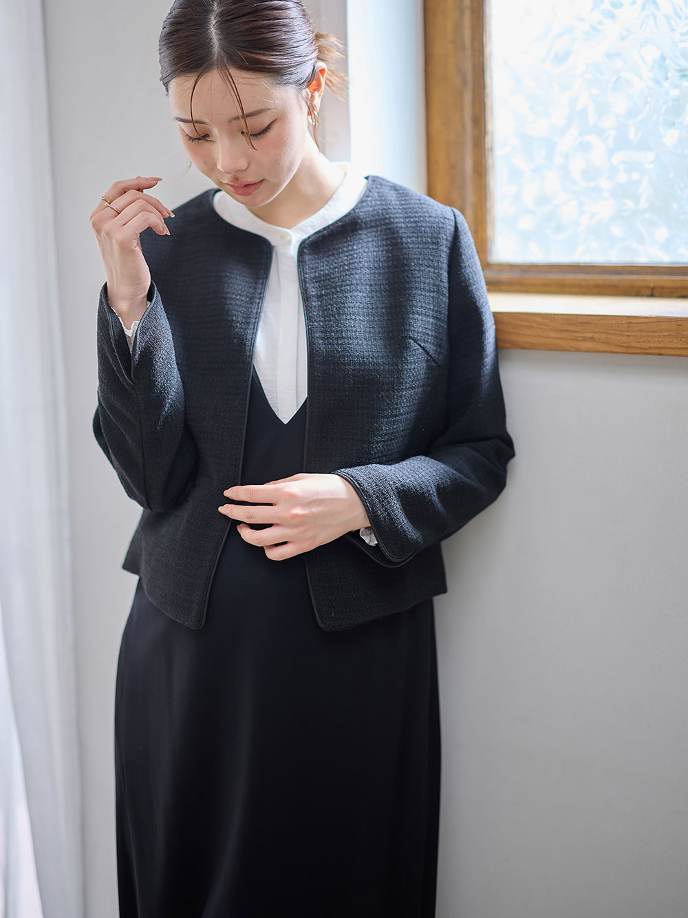 マタニティ トップス|ノーカラージャケット　マタニティ・産後授乳服【出産後も長く使える】|ツイードブラック