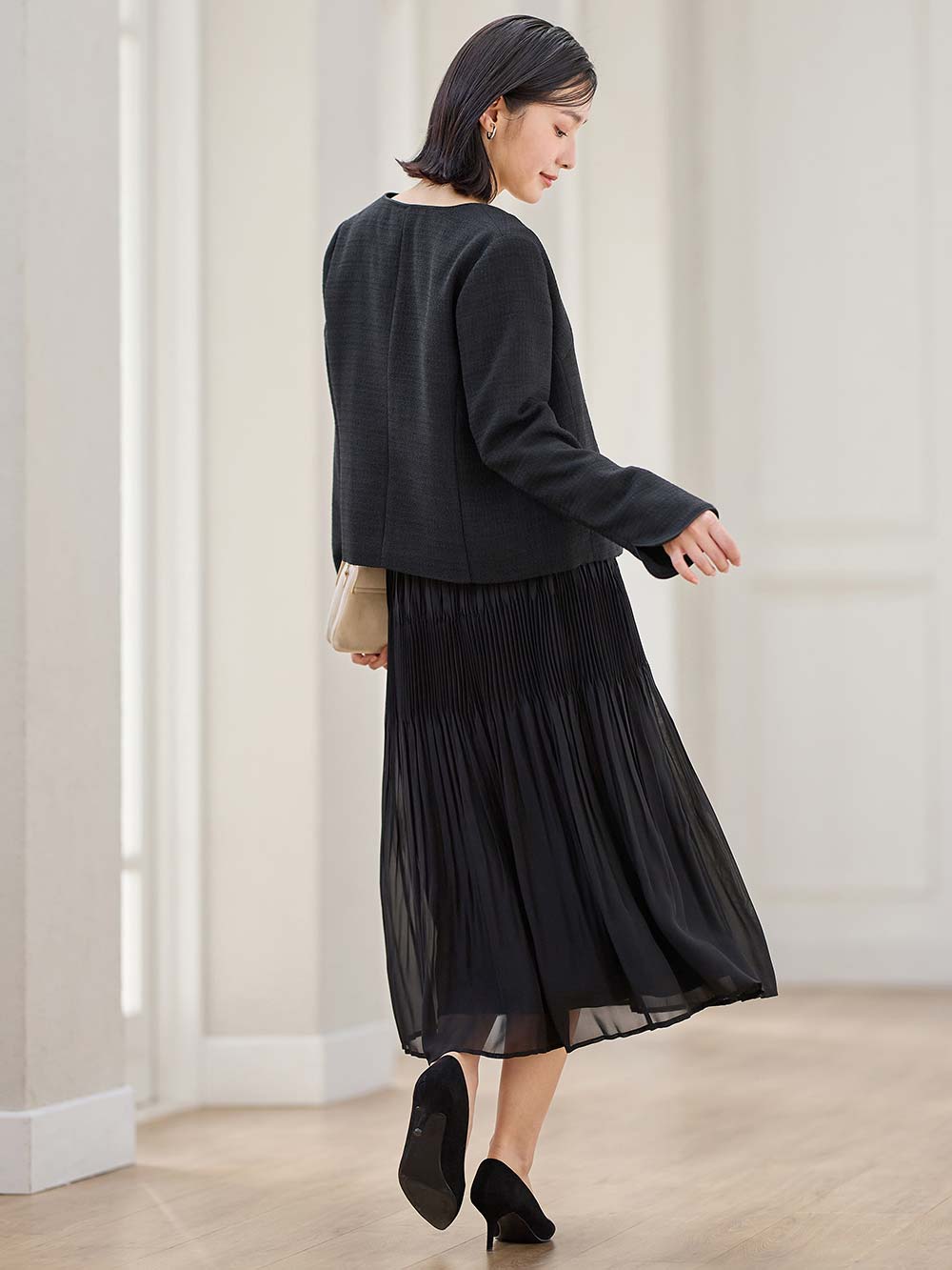 マタニティ トップス|ノーカラージャケット　マタニティ・産後授乳服【出産後も長く使える】|ツイードブラック