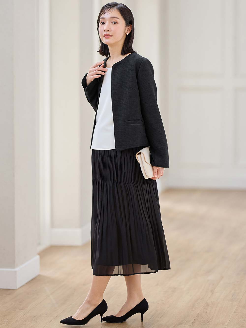 マタニティ トップス|ノーカラージャケット　マタニティ・産後授乳服【出産後も長く使える】|ツイードブラック