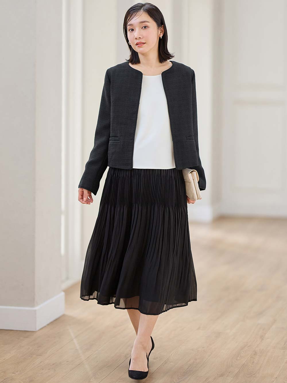 マタニティ トップス|ノーカラージャケット　マタニティ・産後授乳服【出産後も長く使える】|ツイードブラック