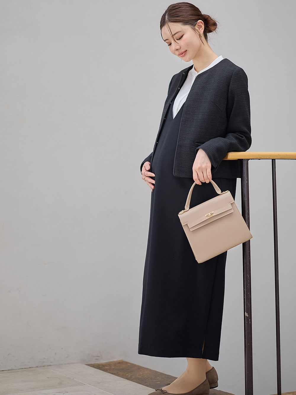 マタニティ トップス|ノーカラージャケット　マタニティ・産後授乳服【出産後も長く使える】|ツイードブラック